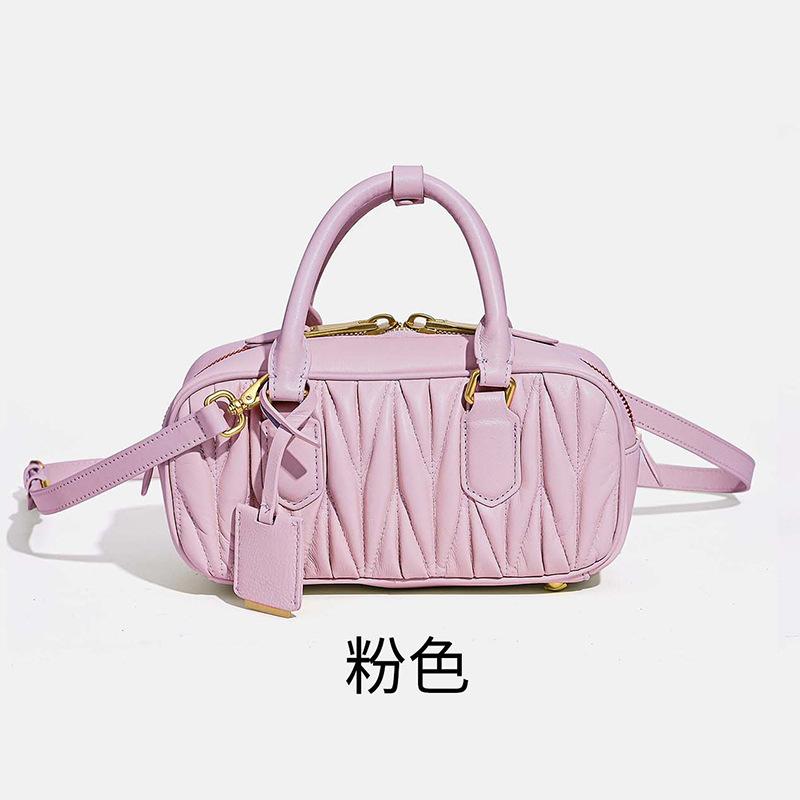 High-end Lambskin Bowling Handbag Embroidered Thread Pleated Leather Small Square Bag Single Shoulder Messenger Women's Bag