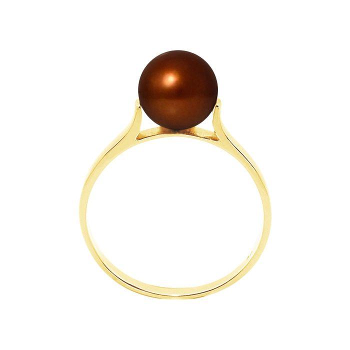 Bague - Pearls & Colors - Véritable Perle d'Eau Douce 7-8 mm - Chocolat - Or Jaune 375/1000 - Qualité AAA+