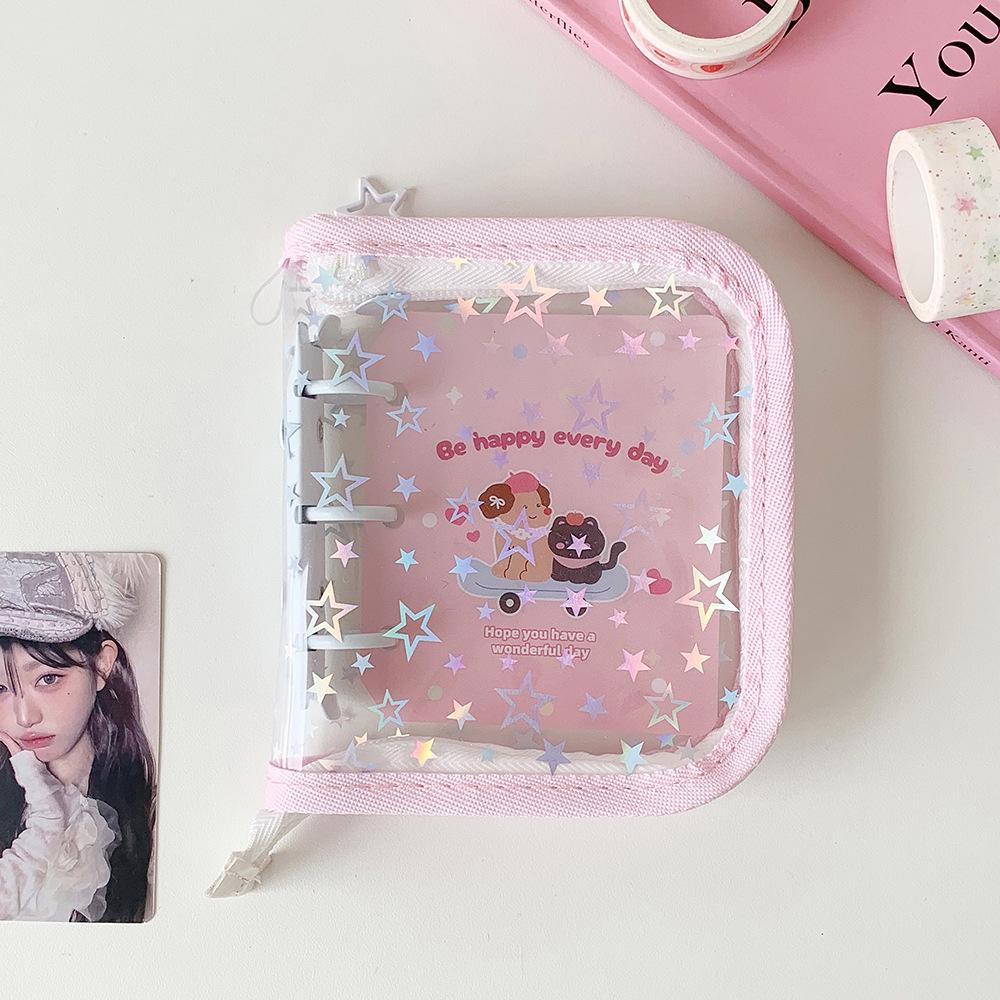Korean Holographic Star PVC Card Holder - Cute Heart Zipper Album for Photocards & Journaling