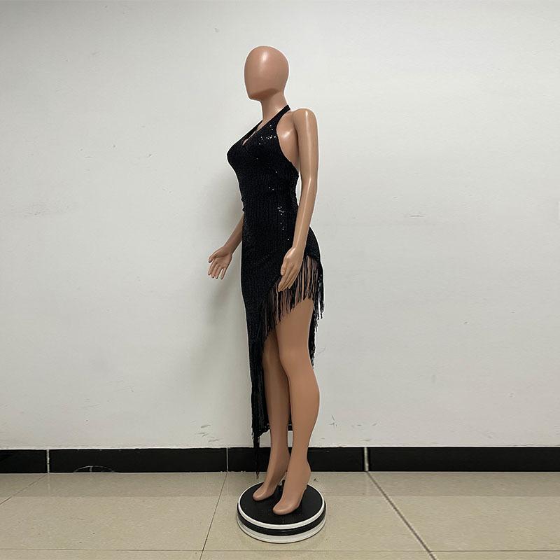 Women's Halter Neck Deep V Halter Dress Design Sense Spice Girl Oblique Slit Fringe Dress