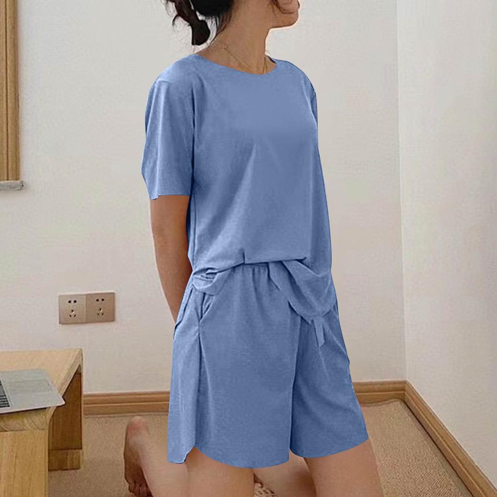 Women's Casual Pajama Set Solid Color Short Sleeve Shorts Pants Two Pieces
