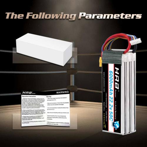 HRB 22.2V LiPo Battery, 6000mAh, 6S 6000mAh, 6-Cell XT90 50C-100C, for RC Airplanes, Helicopters, and Multicopters