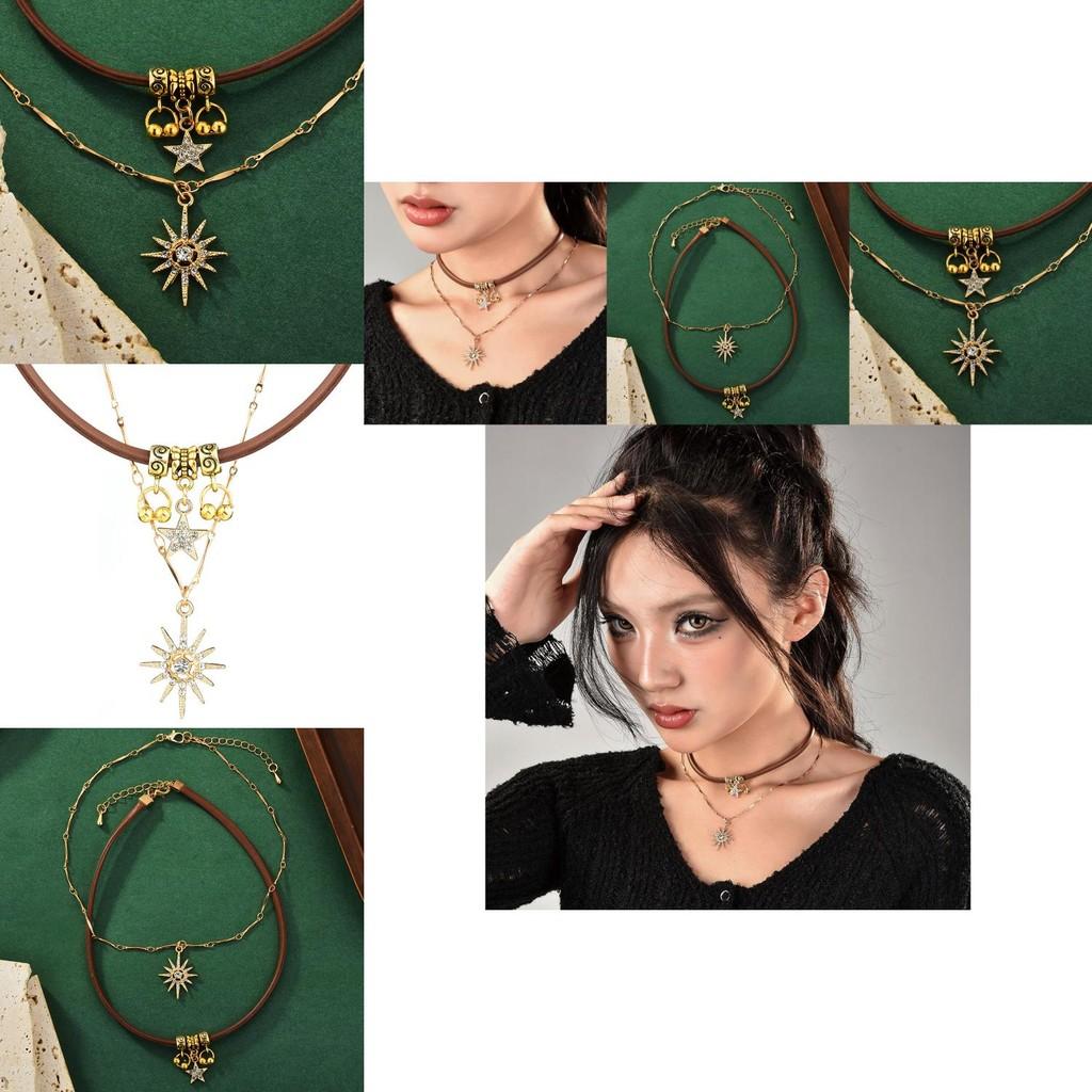 Stylish Two-layer Choker Necklace Set For Women With Rhinestone Stars And Flowers