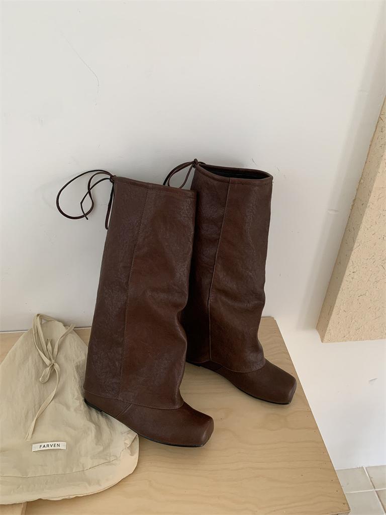 Square Head Pants Boots Women's Boots Inner Height Increase 2025 Autumn and Winter New Cool But Knee Boots Rear Lace-up Fashion Boots Women