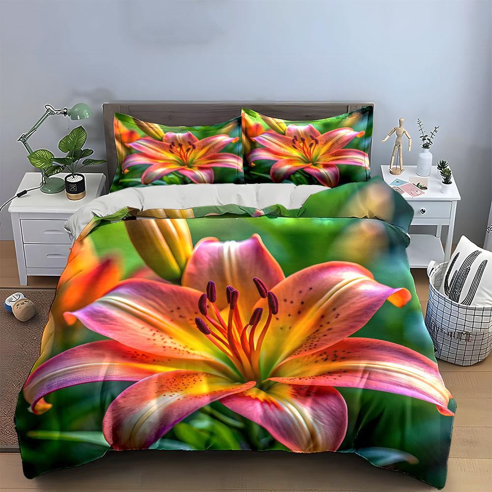 Lily Flower Decor Set Soft Comfortable Duvet Cover Bedding Set Included 1*Duvet Cover & 2*Pillowcases, Gift