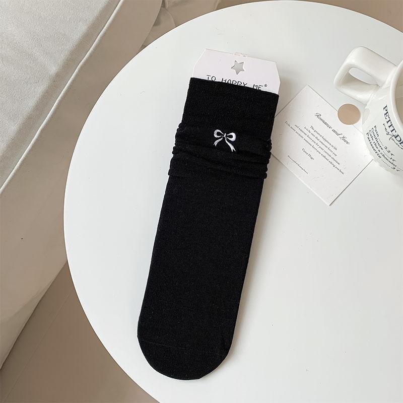 Socks Women'S Stacking Socks Bow Embroidered Women'S Socks Japanese Versatile Anti-Pilling Boneless Solid Color Simple Medium Tube Socks