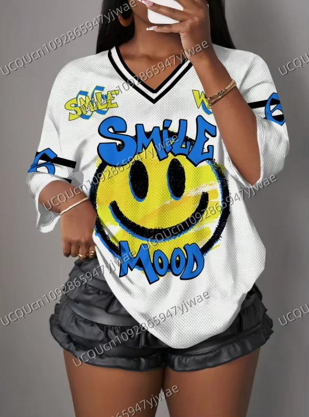 Summer NO.66 Casual Smiling Face Letter & Numeral Print Short Sleeve Sports T-Shirt For Women Summer Mesh T-shirt Tops