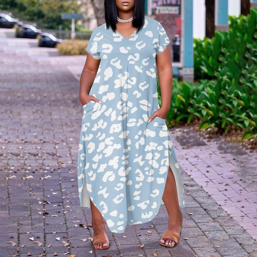 Women Floral Maxi Dress Summer Casual Short Sleeve Dress Sundress V-Neck Long Dresses With Pockets Beach Vacation