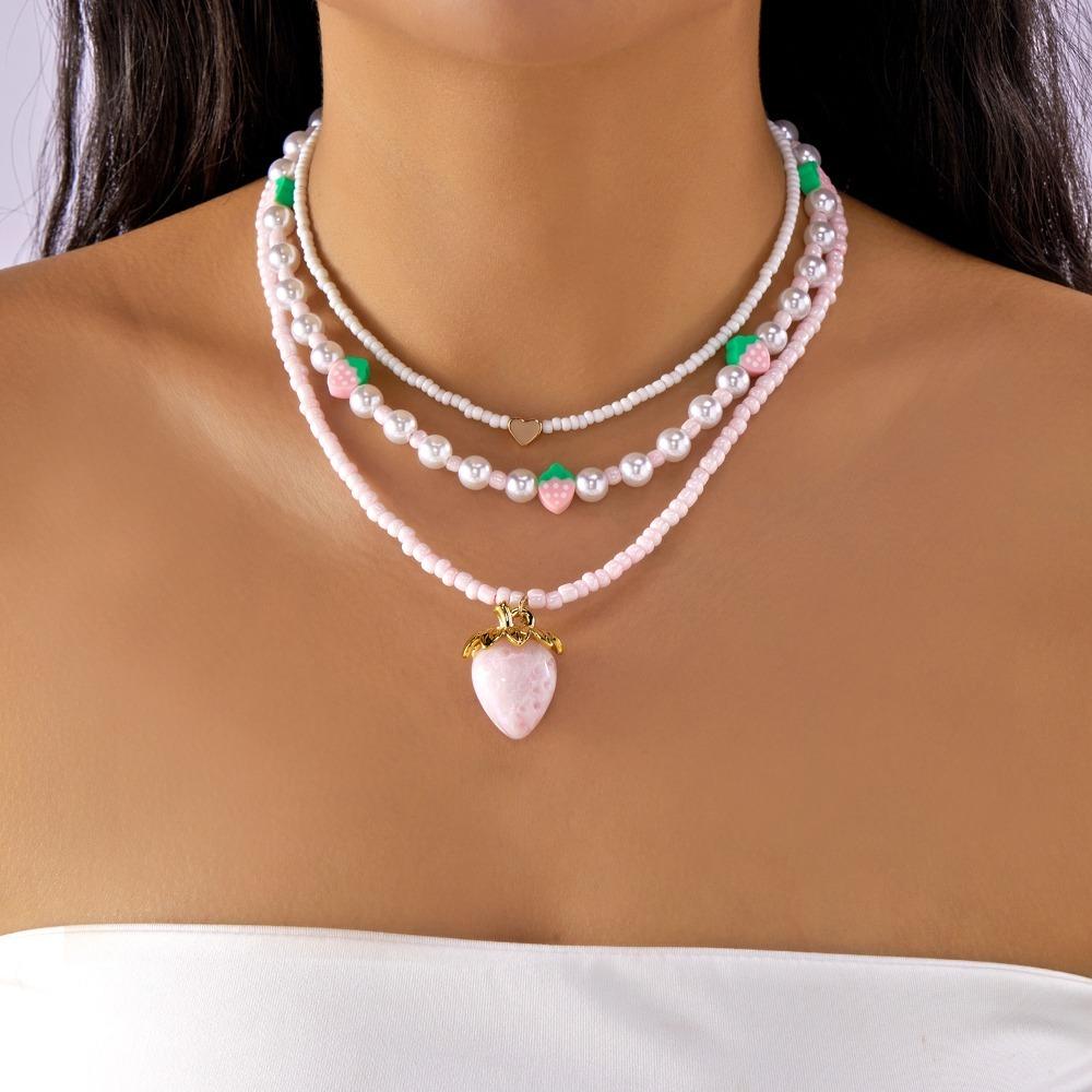 Multi-layer Pearl Beaded Necklace Bow Stacked Clavicle Choker Trendy Strawberry Necklace Women