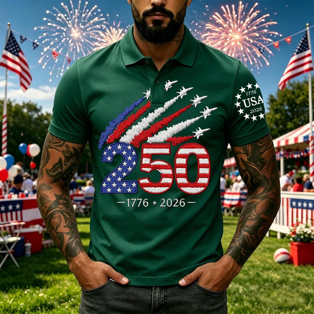 Men’s Short Sleeve Polo Shirt with Independence Day 250th Anniversary Printed Design Casual Fit Button Down Collar