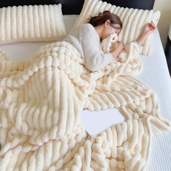 Furry Throw Blanket Cozy Plush Solid Color Fluffy Thick Striped Bubble Blanket Warm Blanket for Couch