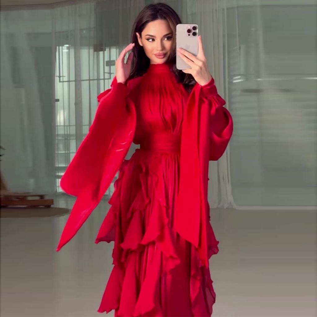 LYRIA Shinny Ruffles Hem Maxi Dress A Line Long Sleeve Slim Fit Party Long Robes Lace Up Luxury Club Vestidos Lady Gowns