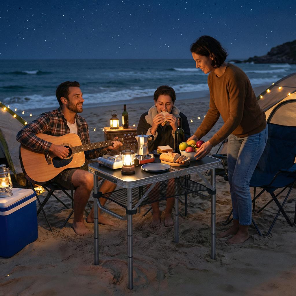 2ft Folding Camping Table, Picnic Table with Mesh Storage Layer, 4 Adjustable Heights and Carrying Handle, Black