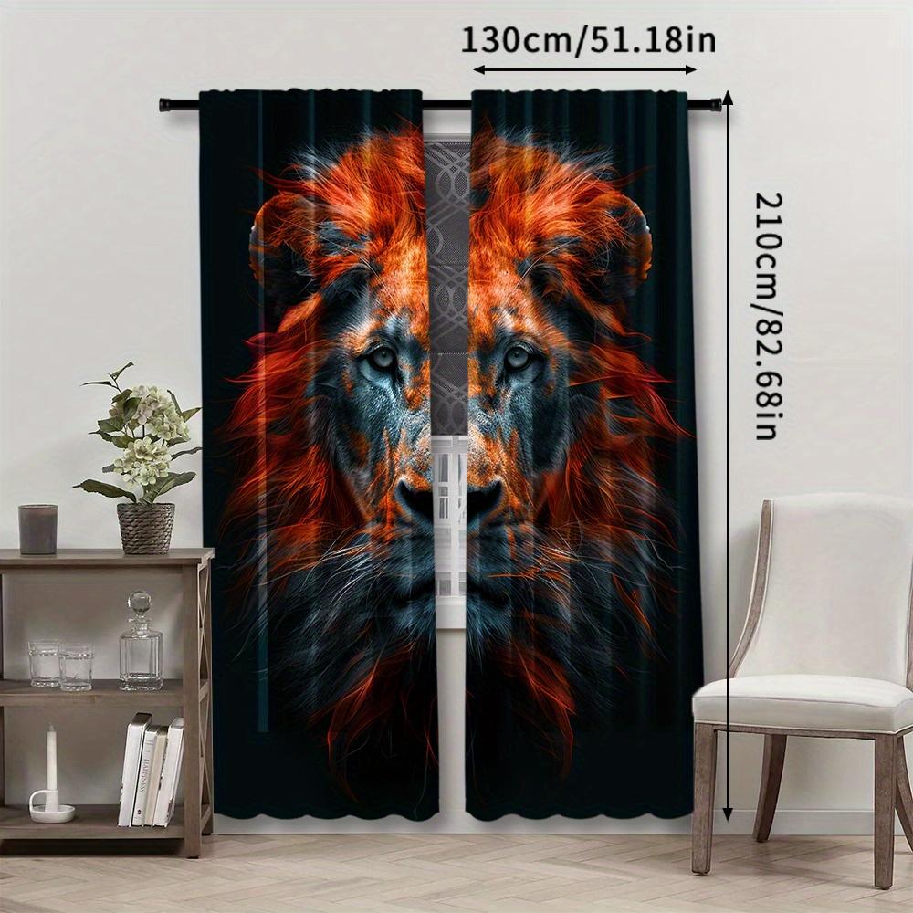 2pcs Lion Jungle Curtains - King of the Wildlife Design   Vibrant Orange & Black Lion Head Print   Rod Pocket Window Treatment for