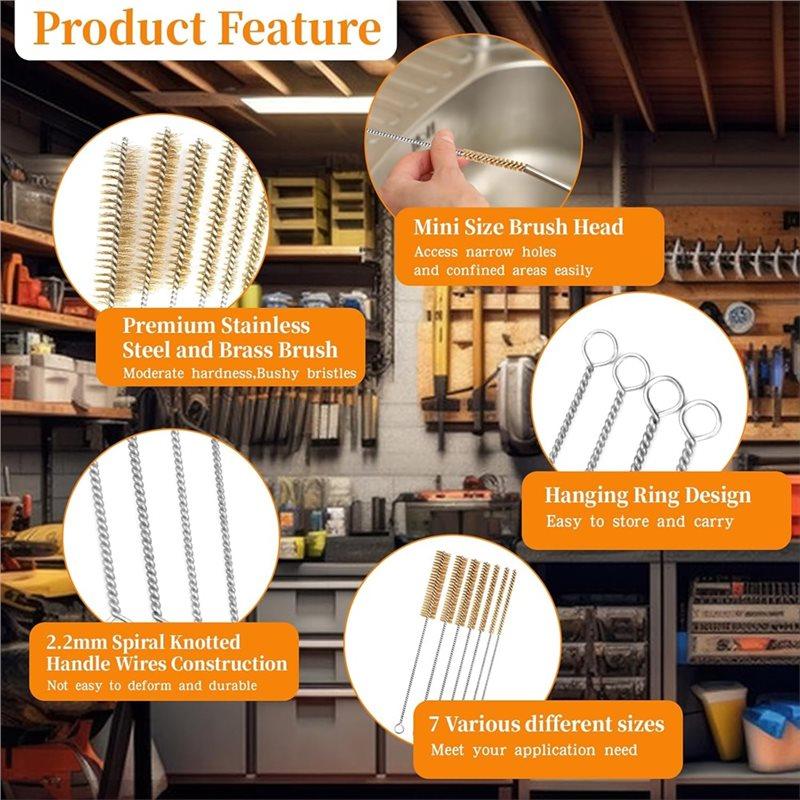 A58Z 14-Pieces Brass Wire Brush Stainless Steel Tube Brush Set 12" Round Wire Brushes Kit Bore Brush Metal Bristle Cleaning
