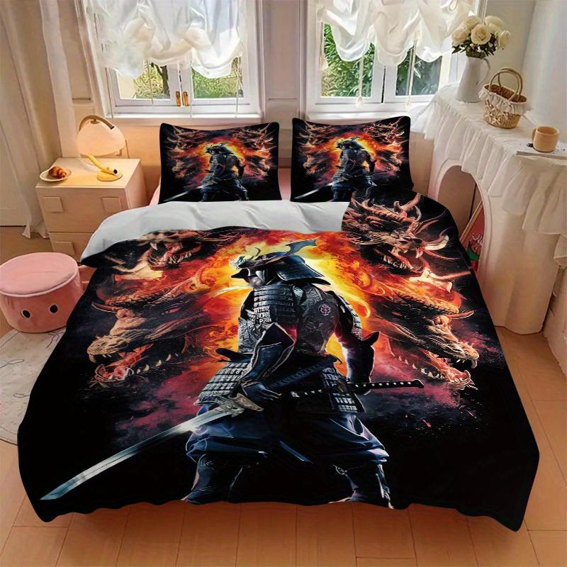 3pcs Samurai Dragon Bedding Set Soft Polyester Down Comforter Cover and Pillowcases, Suitable for All Seasons, Practical Gifts for the Home 0729096