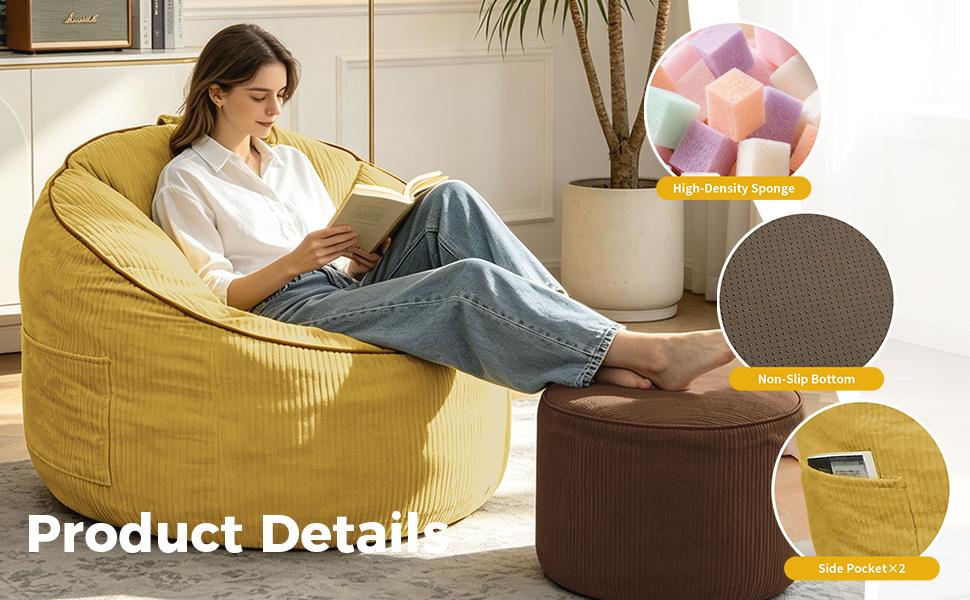 Ergonomic Curved Bean Bag Chair with Detachable Storage Pocket and Matching Cylindrical Ottoman for Modern Home Comfort