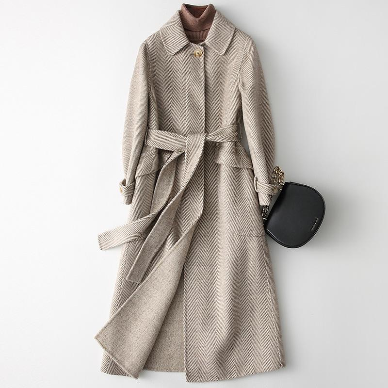 

Новое зимнее двустороннее флисовое шерстяное пальто в елочку, модное длинное приталенное пальто L