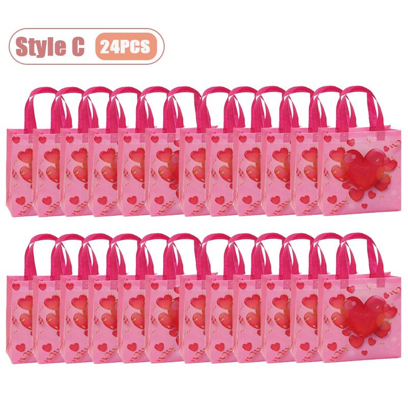 12-24PCS Reusable Valentines Gift Bag Non Woven Fabric Pink Heart  Handle Tote Foldable for Party Wedding Birthday Packaging