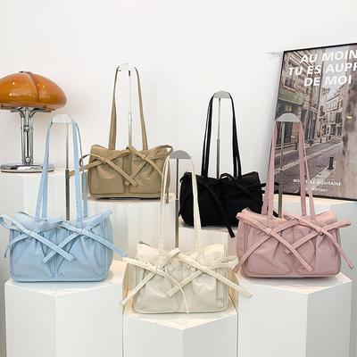Nova bolsa de ombro com zíper e laço, bolsa de ombro de alta capacidade para mulheres, bolsa de viagem de nylon simples e de cor sólida
