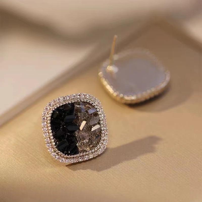 Retro Black Crystal Zircon Square Earrings For Women