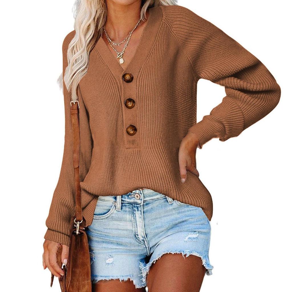 Popular Top Women's Button Design V-neck Pullover Sweater Women's Autumn and Winter Loose Outer Wear Lazy European and American Style