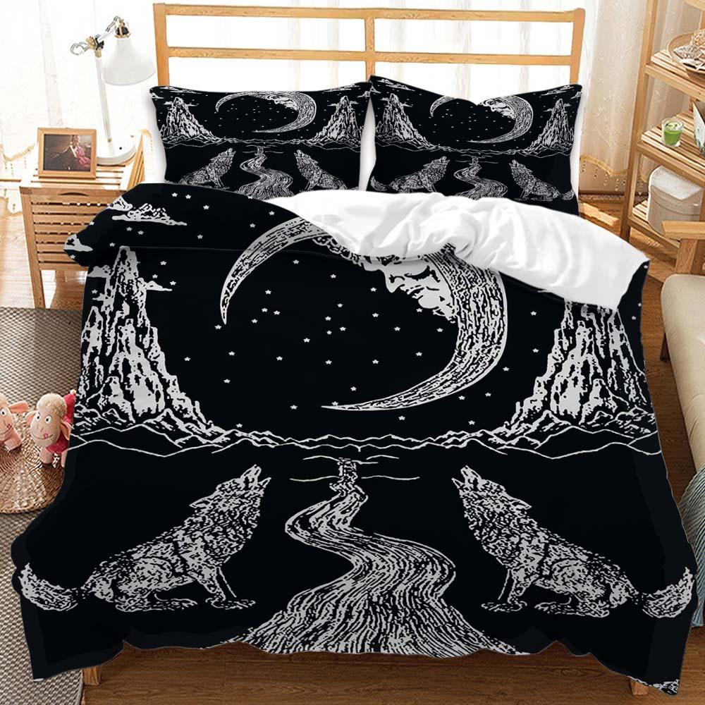 Three-Piece Sun And Moon Quilt Cover Digital Printing Bedding Kit Simple Style