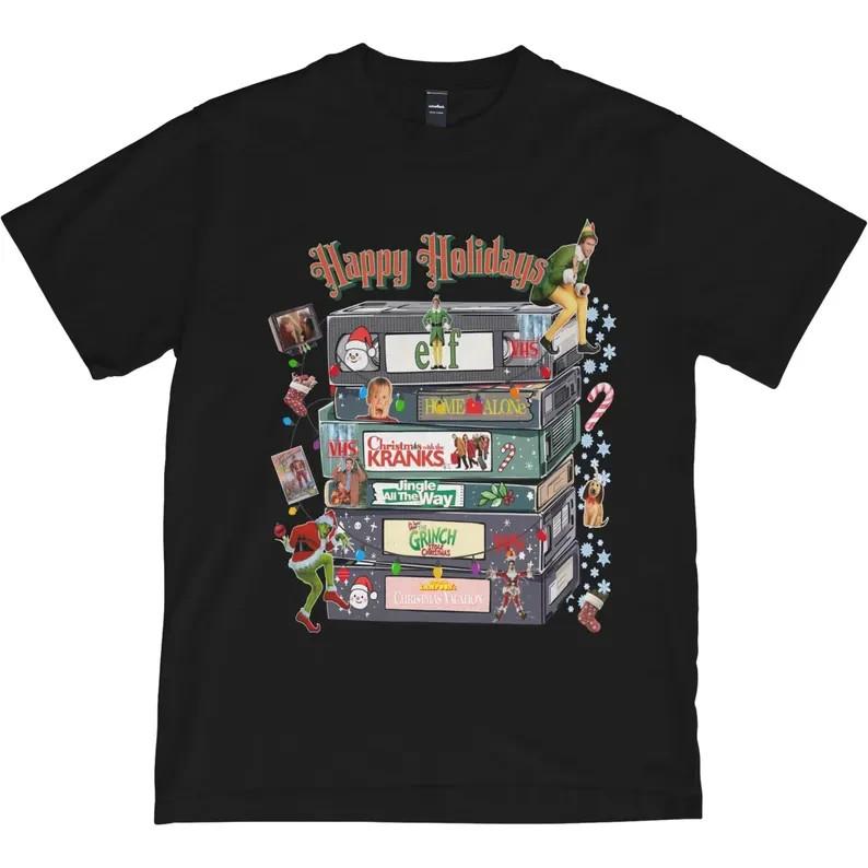 Retro Christmas VHS Tape Stack Shirt: Holiday Movie Tee M