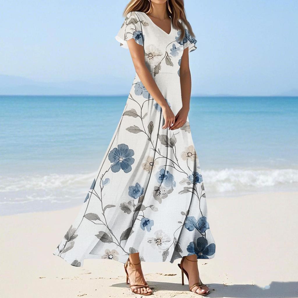 Damen Sommer Blumenmuster V-Ausschnitt Kurzarm Maxikleid Fließendes A-Linien Maxikleid Bohemian Urlaubs Strandkleid