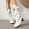 British Style Women'S Medium Boots Women'S Shoes Retro Lace Splicing Thick Heel High Heel Front Lace-Up Versatile Large Size Women'S Shoes