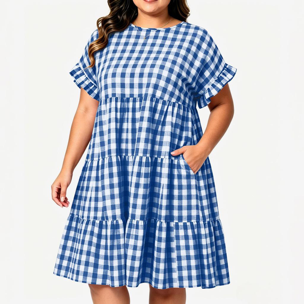 Robe à Carreaux Manches Courtes Col Rond Grande Taille pour le Travail Décontracté et les Trajets