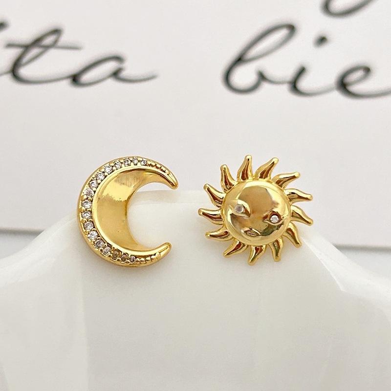 Golden Sun Moon Zircon Earrings Light Luxury Fashion Sun And Moon Asymmetrical Earrings Creative Unique Personality Earrings Women