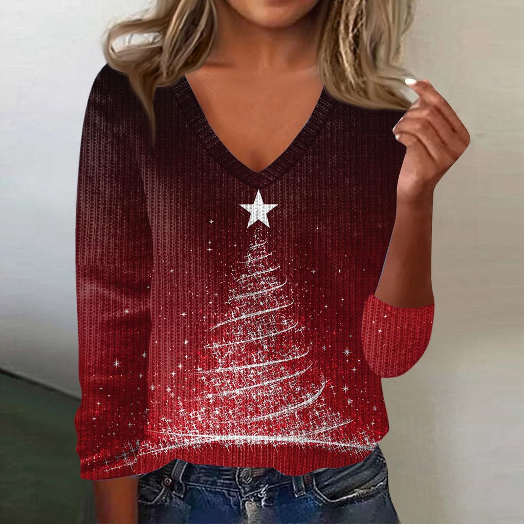 Women's Cute Sweatshirt Knitted Fashion Casual V-neck Long-sleeved Cozy Print Top