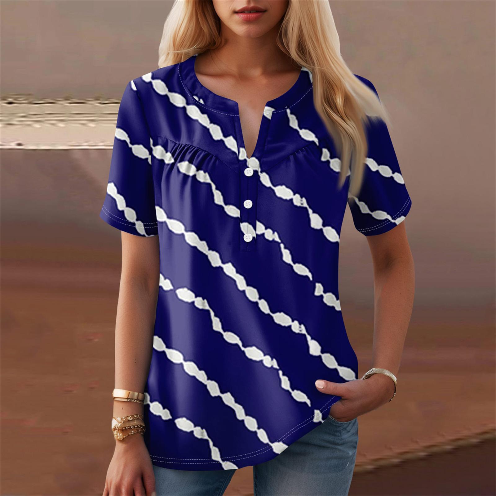 

Женская повседневная футболка с v-образным вырезом и коротким рукавом с цветочным принтом и декоративными пуговицами, топ L