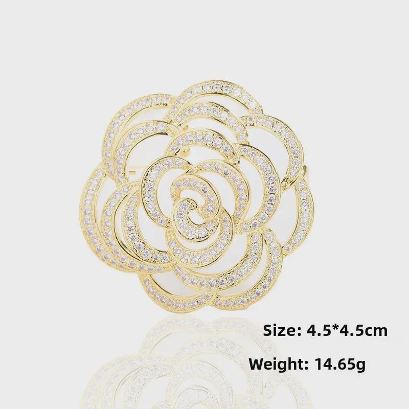 European and American Fashion Gold-Plated Copper Rose Brooch with Zirconia for Weddings