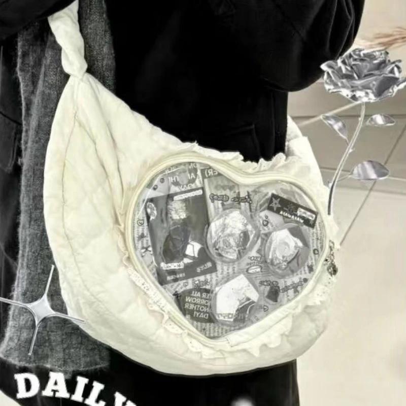 

Pink Cute Women Shoulder Bag Pleated Love Heart Lolita Jk Ita Bag Drawstring Ballet Style Sweet Fashion Female Handbag