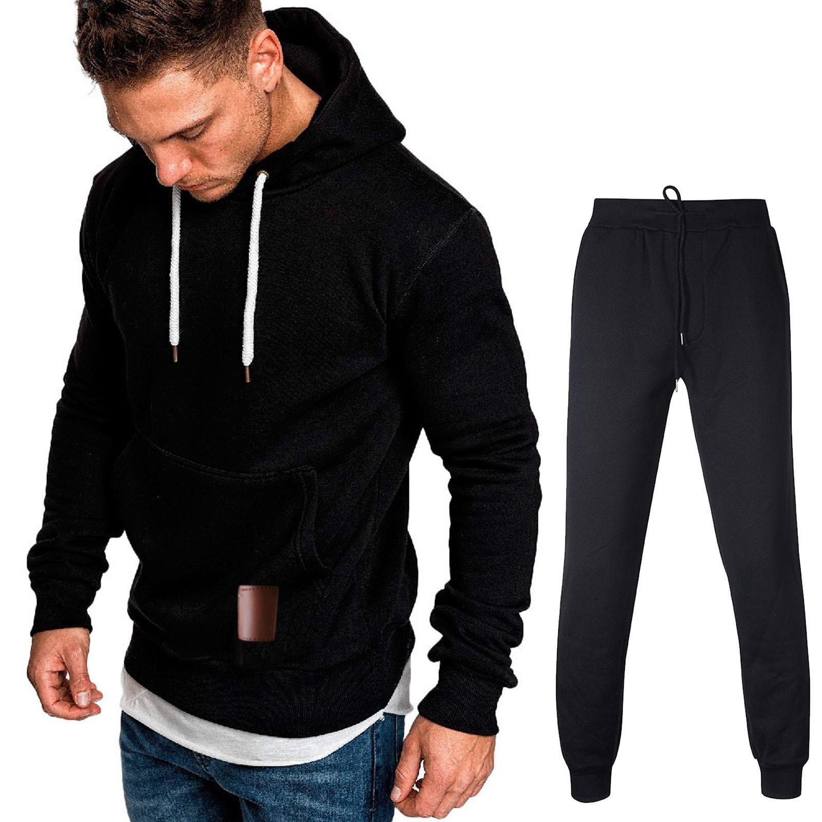 

Men s Winter Pocket Sweatshirt Top Pants Sets Sports Suit Tracksuit L чорний