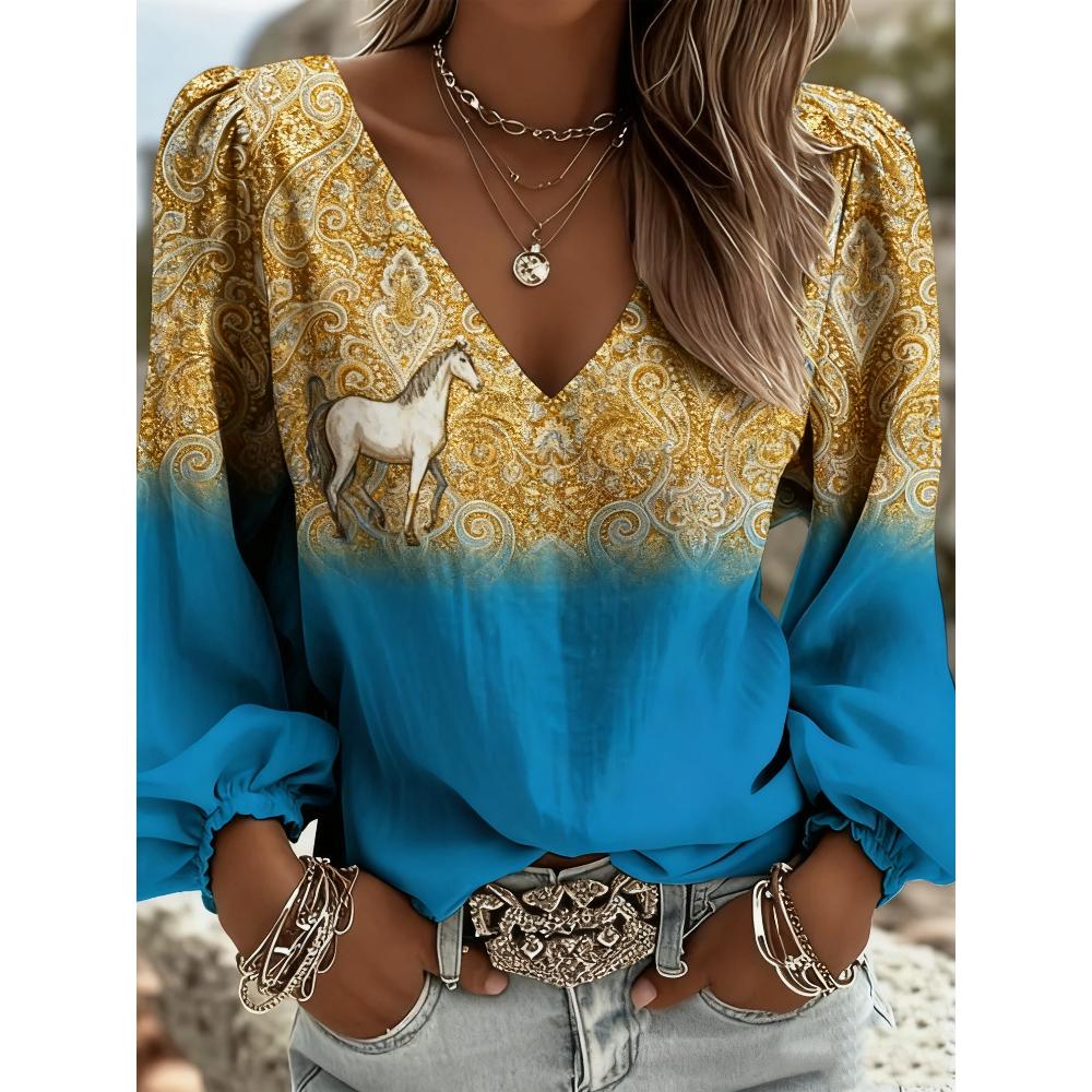 

Printed lady s retro western-style V-neck shirt - Christmas/New Year gift, suitable for summer vacations and outdoor gatherings XXL синій