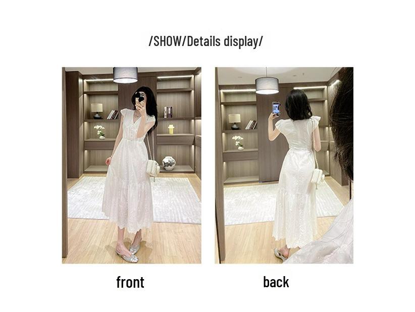 2025 Elegant French-Korean White Dress with Gentle Waist and Mid-Length Skirt