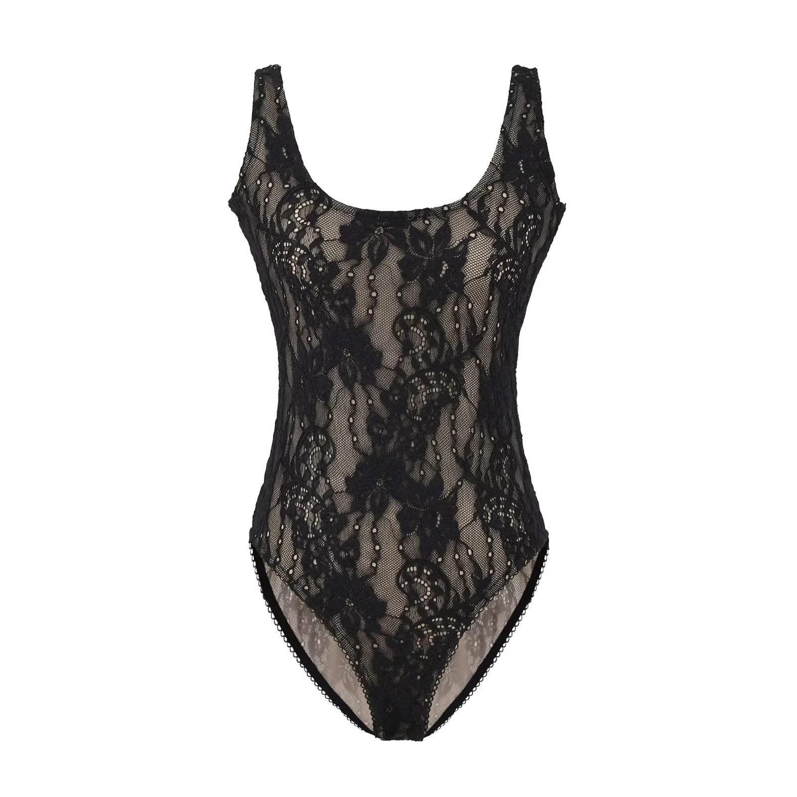 

European American Crochet Lace Double-Layer U-Neck Camisole Bodysuit: Women s Slim Fit Summer Innerwear with Embossed Design & Spaghetti Straps Large чорний