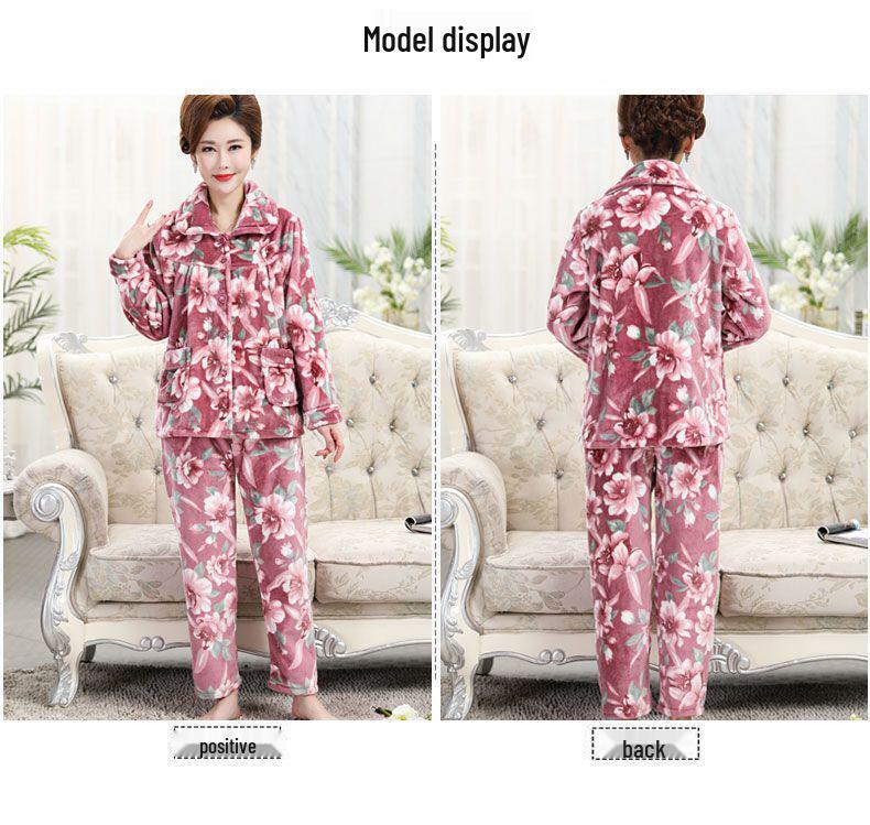 Women's Plus Size Flannel Pajama Set for Autumn & Winter - Warm, Loose-Fit Homewear for Middle-Aged & Elderly Ladies
