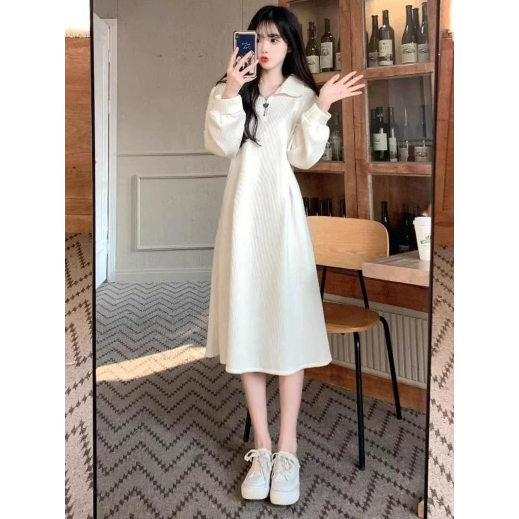 Hepburn-style French Dress: Plus Size Slimming, Autumn/Winter, Cinched Waist, Polo Collar, Structured Shoulders, Inner Layer