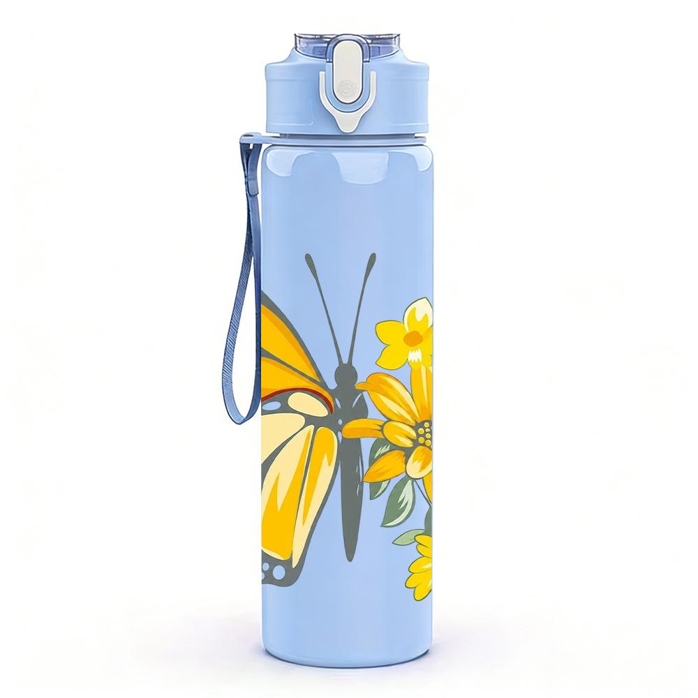 1PC Yellow Butterfly Daisy Floral 750ml Color Plastic Sports Water Bottle Leakproof Flip Straw Lid Suitable for Sports Office Home Use