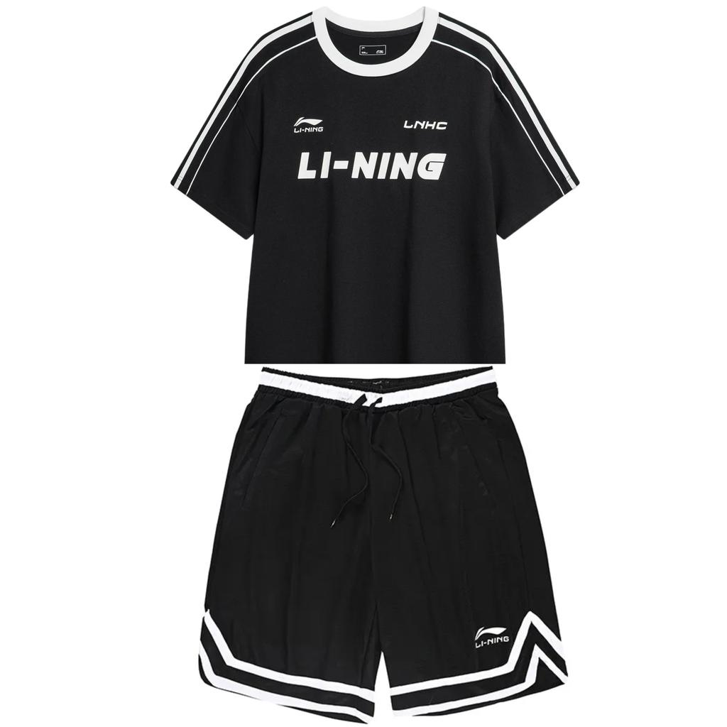 Li Ning Retro Letter Logo Print Round Neck Loose Short Sleeve Comfortable Shorts Casual Sports Suit Men Suit Black AHSU657-2--AAPR395-1