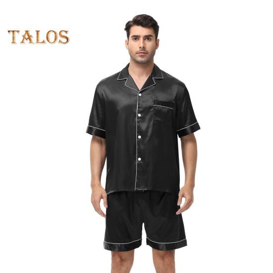 

Комплект из 2 предметов: пижамный комплект для мужчин с коротким рукавом, однобортный топ с лацканами, шорты на эластичной талии, однотонная атласная одежда для сна S чёрный