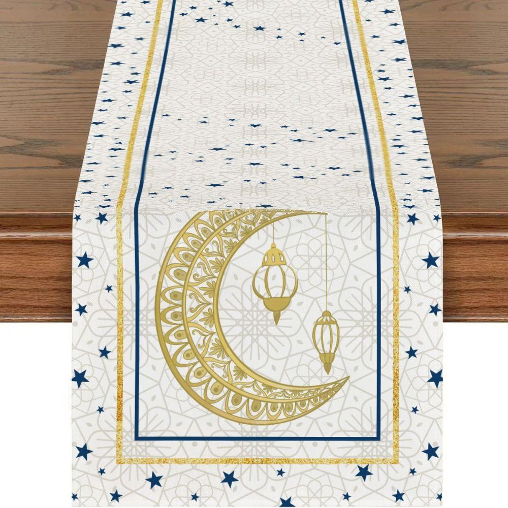 Vintage Ramadan Table Runner Washable 2D Single Print Ramadan Decorations Watercolor Flowers Reusable Islamic Table Runner