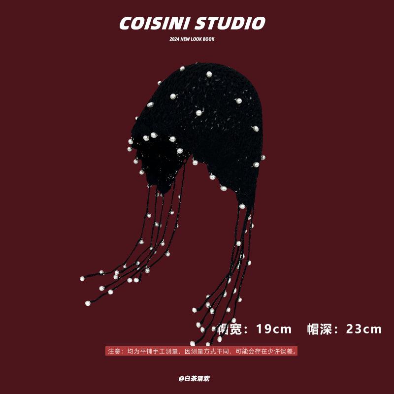 Fashion Handwoven Hollow Baotou Hat Women's Crochet Ethnic Style Tassel Ear Protector Strap Sleeve Knitted Hat