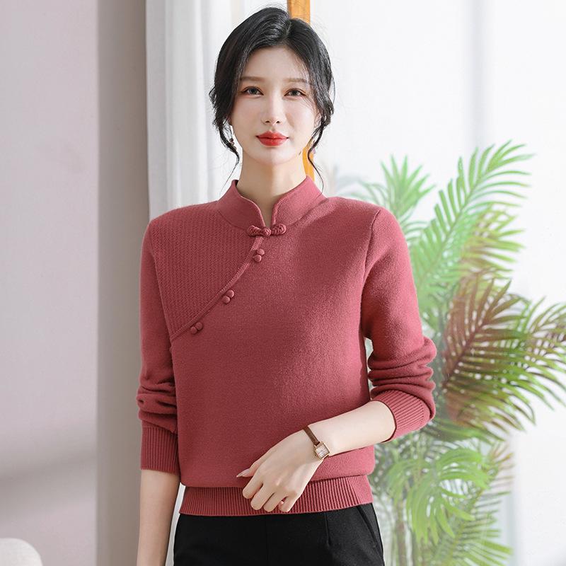 Autumn/Winter Fleece-Lined Knit Base Layer for Middle-Aged & Elderly Women - Half-High Neck, Thickened Fashion Sweater for Mothers
