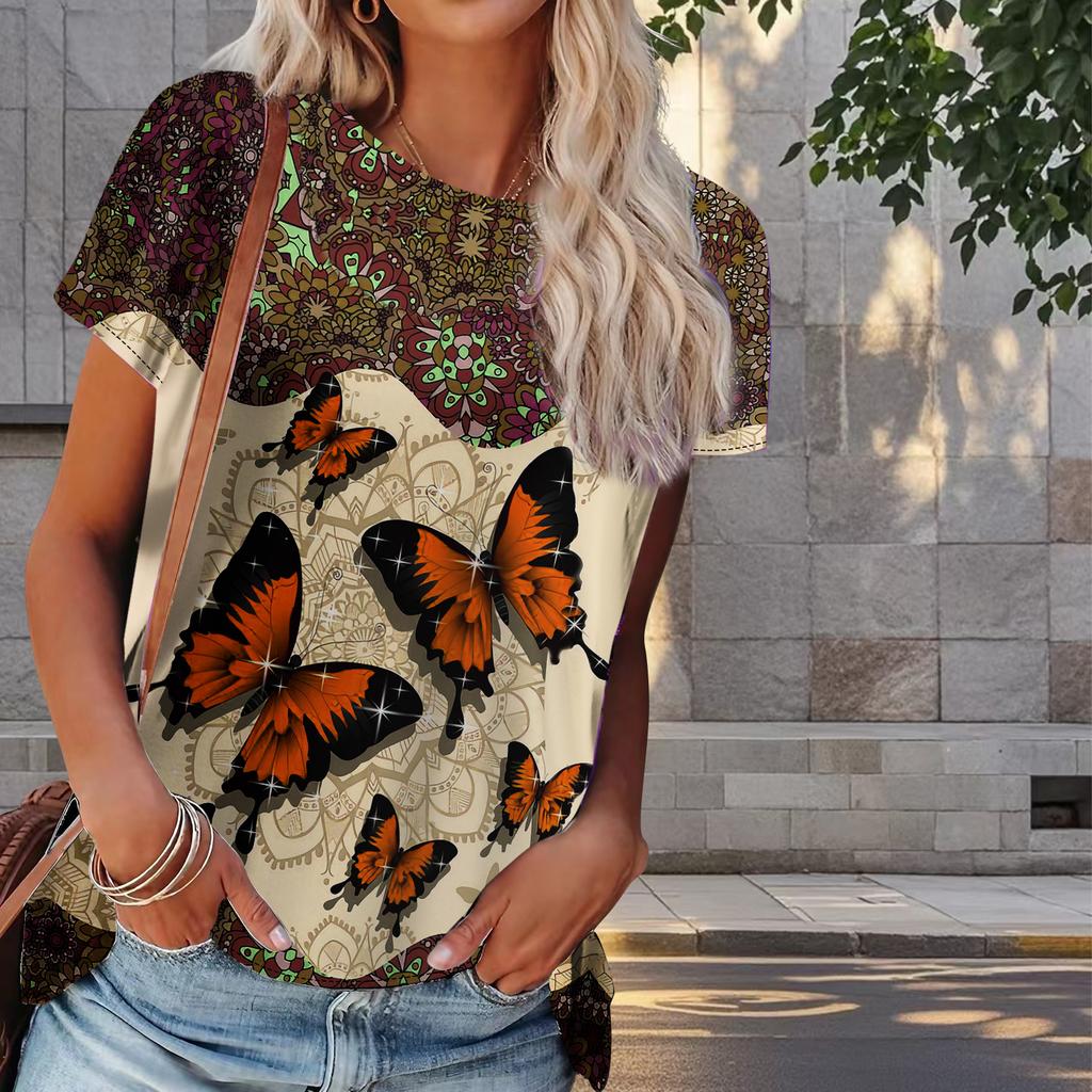 Damen Sommer T-Shirt Schmetterlingsdruck Retro Mode Kurzarm Tees Lässig Bedruckte Oberteile