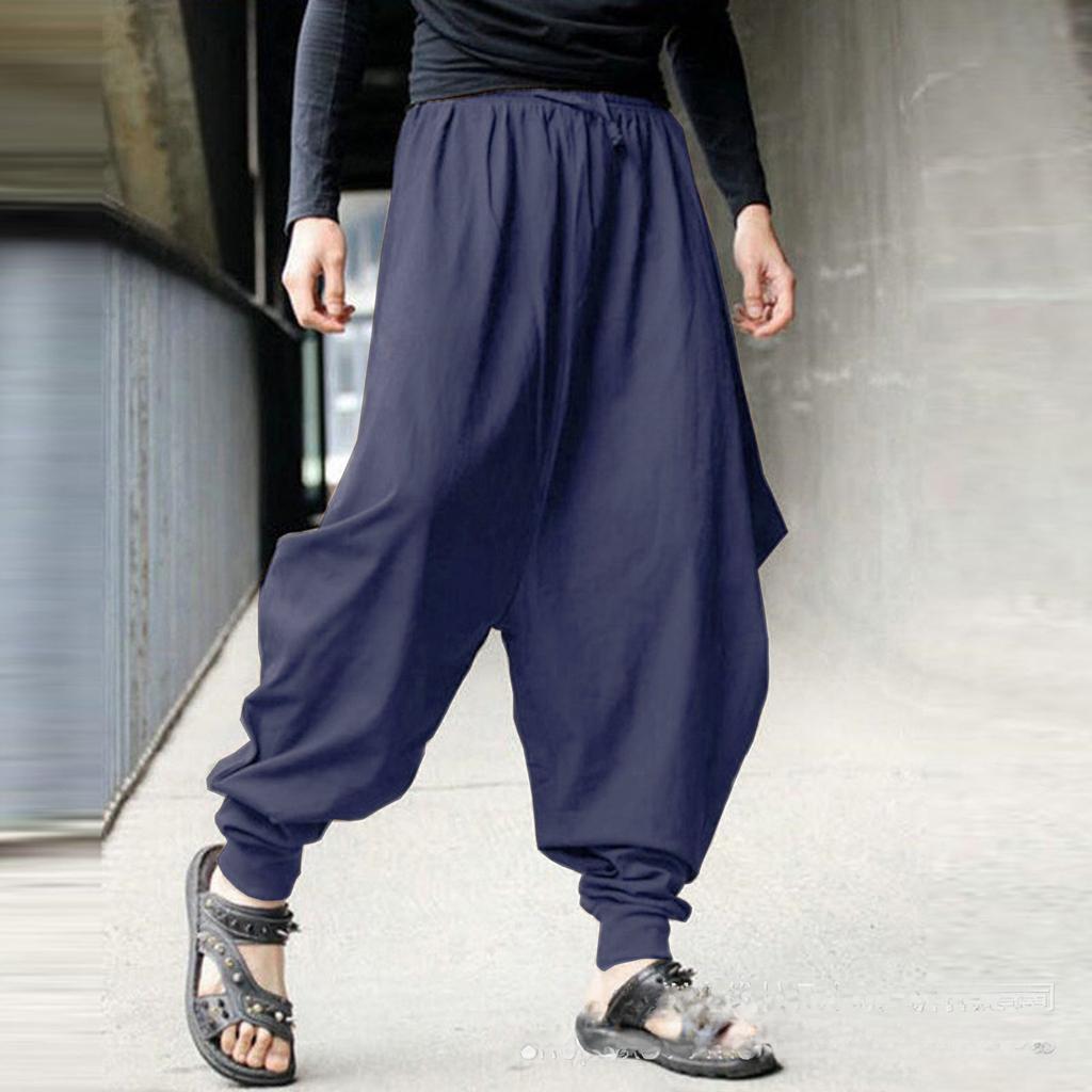Mens Cotton Linen Harem Pants Baggy Pants Japanese Style Crotch Wide Leg Pants Casual Loose Trousers
